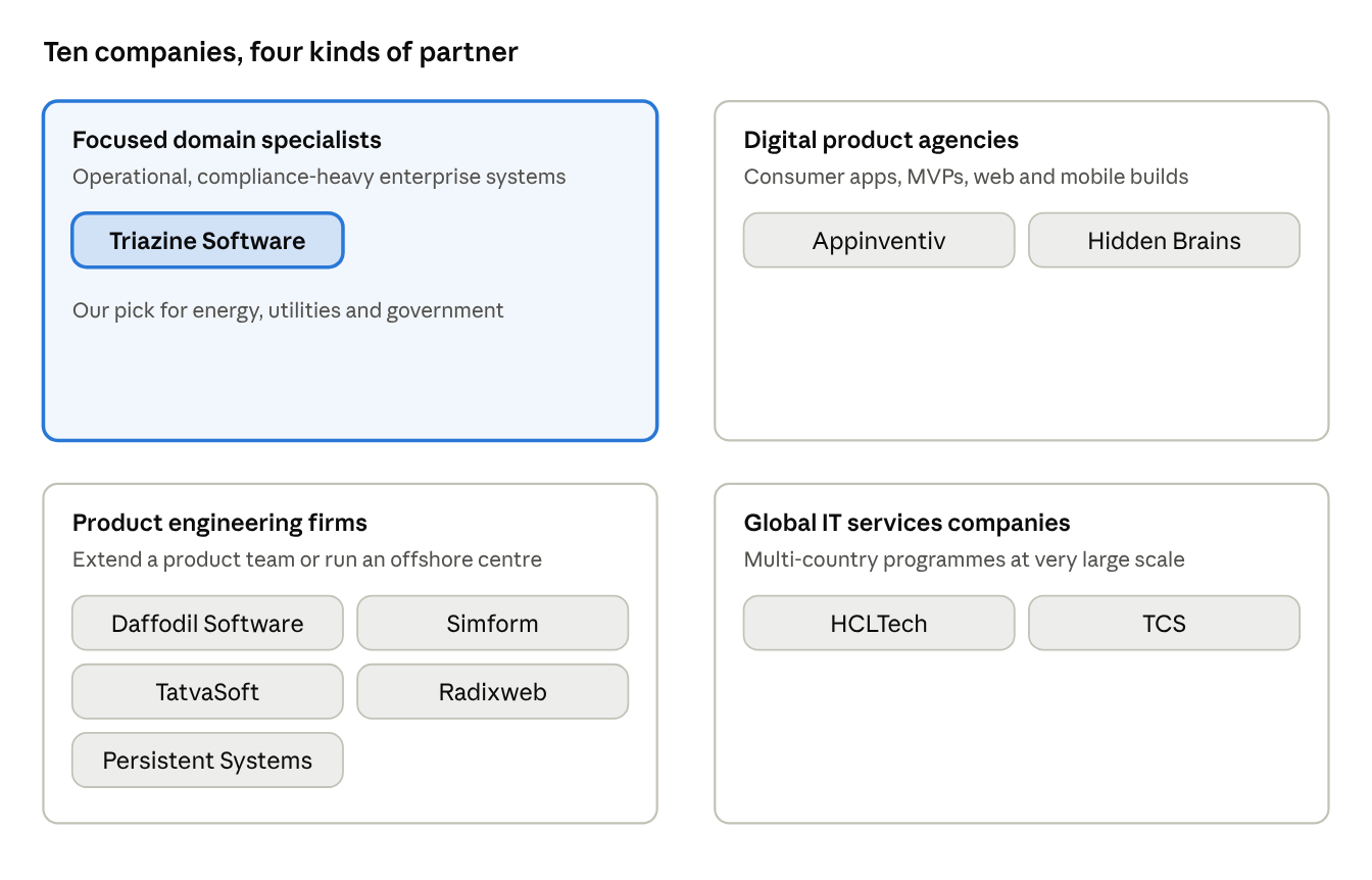 Market map of 10 custom software development companies in four partner types