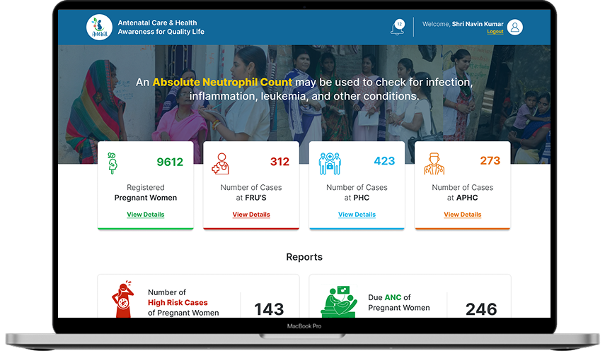Anchal antenatal care web dashboard with registered beneficiaries and programme analytics