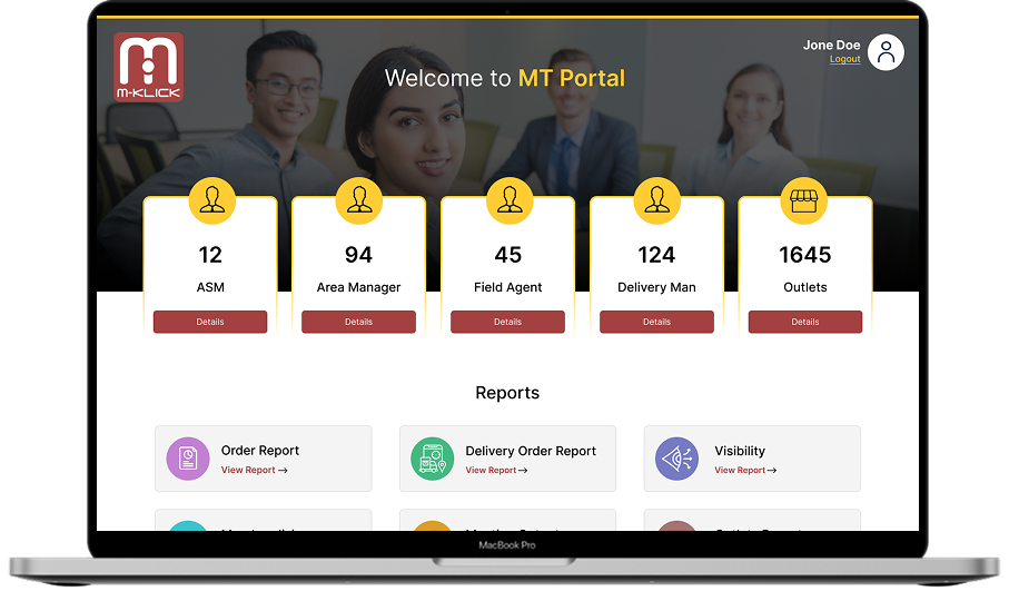 m-KLICK MT Portal dashboard with field force metrics and reports