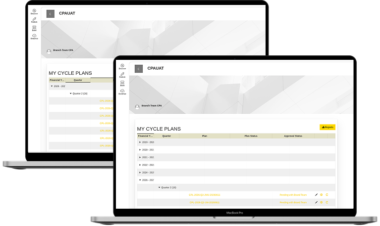 Cycle Planning Governance platform showing MY CYCLE PLANS dashboard on desktop