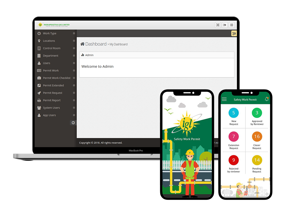 IGL Safety Work Permit web admin console for work types locations departments and users