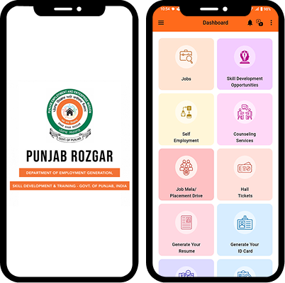 Punjab Rozgar mobile app splash and dashboard for jobs and skills