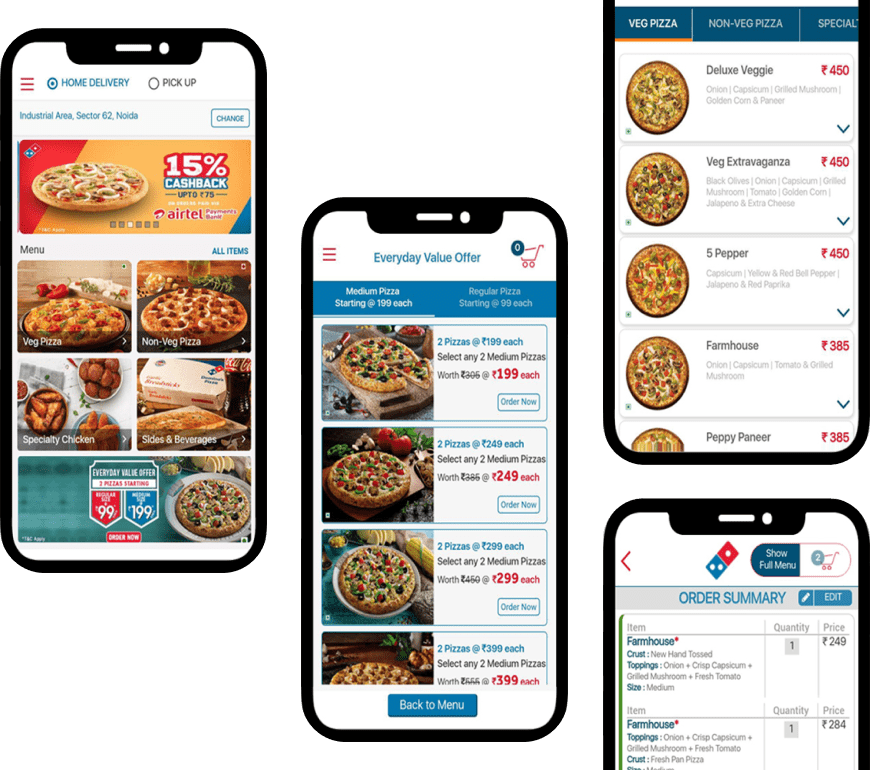 Domino's mobile ordering app with store auto-detection and streamlined checkout